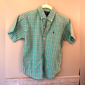 Green Plaid Short Sleeve Polo Button Down